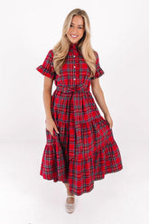 The Hollin Button Up Midi Dress - Red Plaid