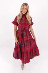 The Hollin Button Up Midi Dress - Red Plaid
