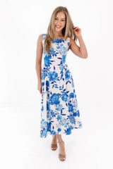 Chasing The Blues Midi Dress - Cream/Blue