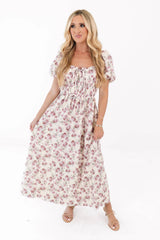 Perfect In Peonies Midi Dress - Cream