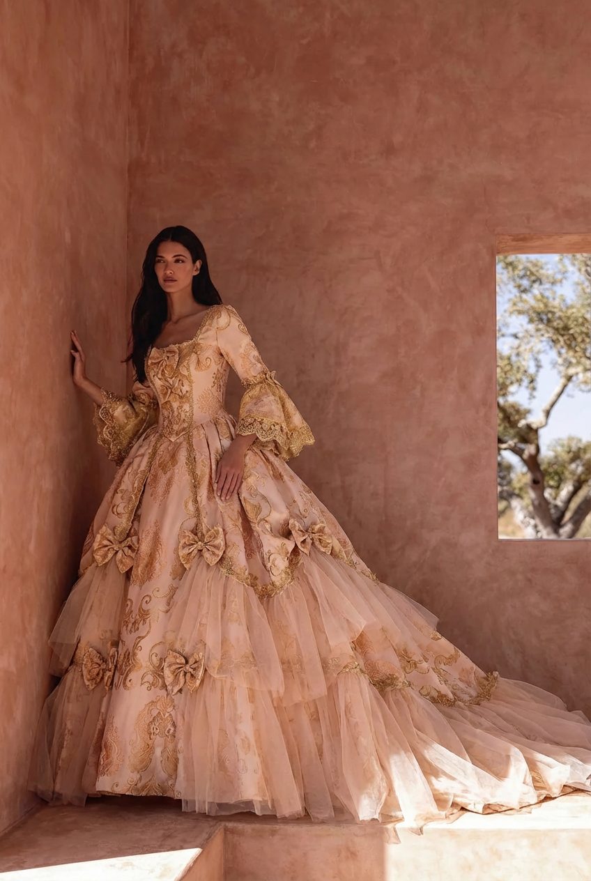 Queen Charlotte Gown European Baroque and Rococo Style Golden Dress with Lace Embroidery - Bridgerton Inspired Plus Size