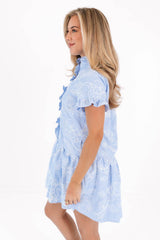 The Calypso Ruffle Button Up Dress - Blue Stripe