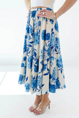 In The Spring Midi Skirt - Cream/Blue