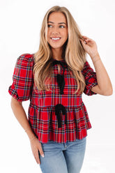 The Hollin Tie Top - Red Plaid