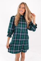 The Jordyn Long Sleeve Bow Dress - Green Plaid