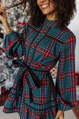 The Zanna Long Sleeve Tie Dress - Green Plaid