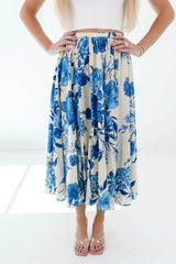 In The Spring Midi Skirt - Cream/Blue