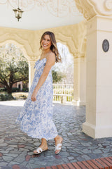 The Chloe Bow Midi Dress - White/Blue