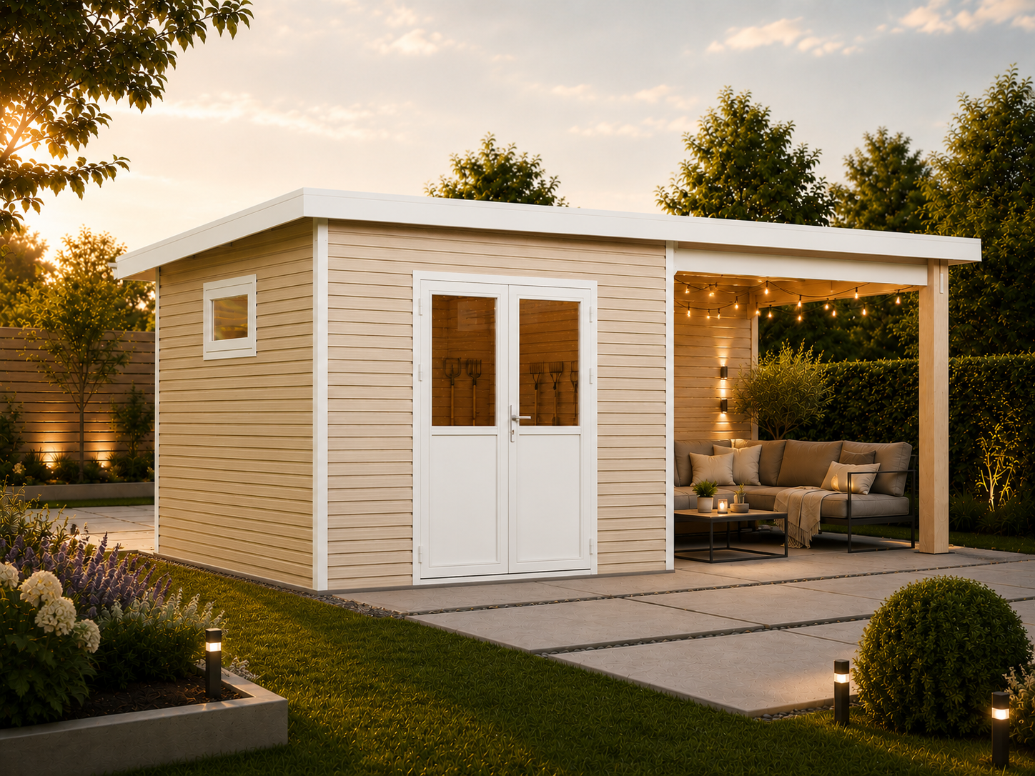 Linholm WPC Gartenhaus Linia 5628 mit Anbaudach und Rückwand, inkl. Dachrinnen-Set, Natur-Beige/Weiß