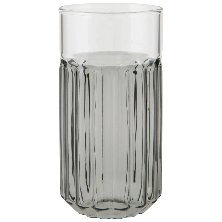 grey glass drinking glass shown on a white background