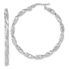 14k White Gold Polished and Textured Twisted Hoop Earrings - 2