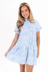 The Calypso Ruffle Button Up Dress - Blue Stripe