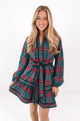 The Zanna Long Sleeve Tie Dress - Green Plaid