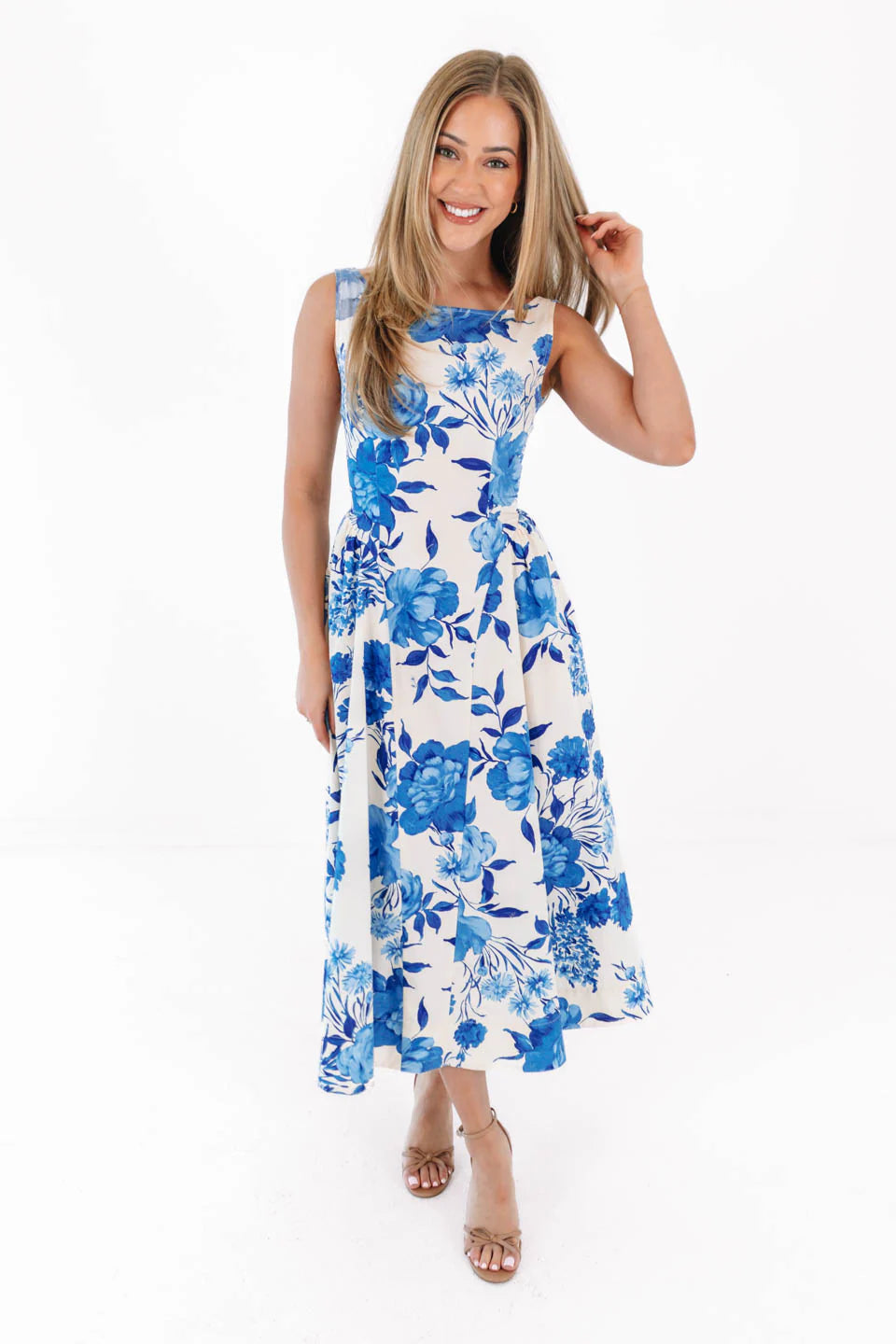 Chasing The Blues Midi Dress - Cream/Blue