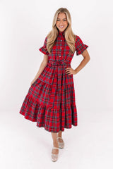 The Hollin Button Up Midi Dress - Red Plaid