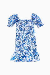 The Hayden Puff Sleeve Tween Dress - White/Blue