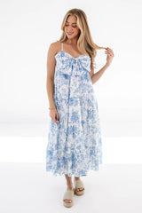 The Chloe Bow Midi Dress - White/Blue
