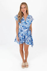The Hayden Wrap Romper - White/Blue
