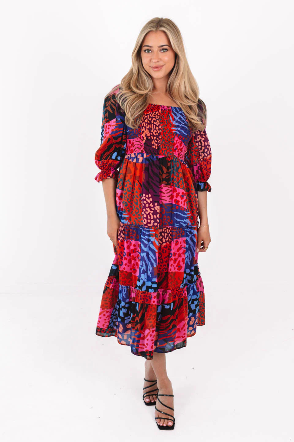 The Jade Square Ruched Midi Dress - Multi
