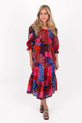 The Jade Square Ruched Midi Dress - Multi