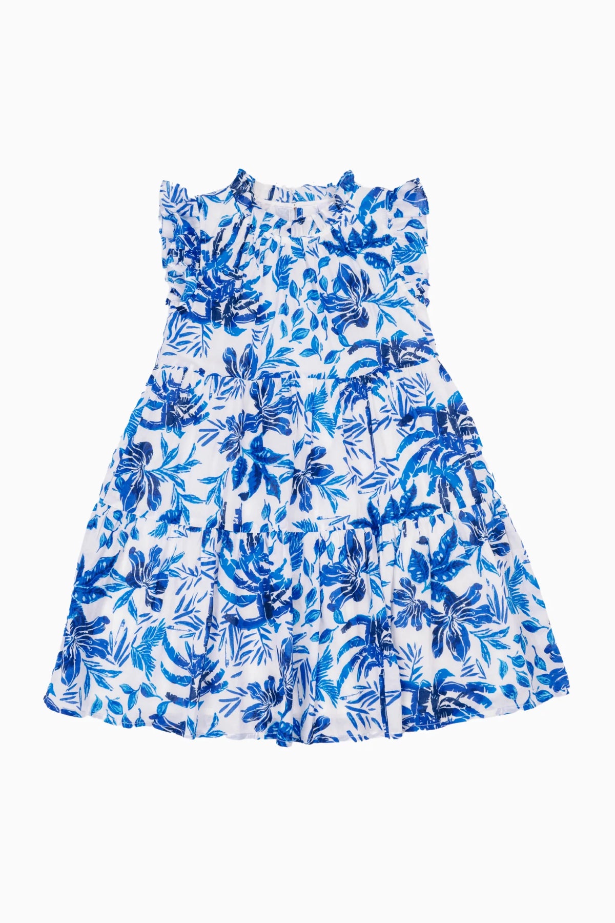 The Hayden Flutter Sleeve Tween Dress - White/Blue