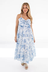 The Chloe Bow Midi Dress - White/Blue