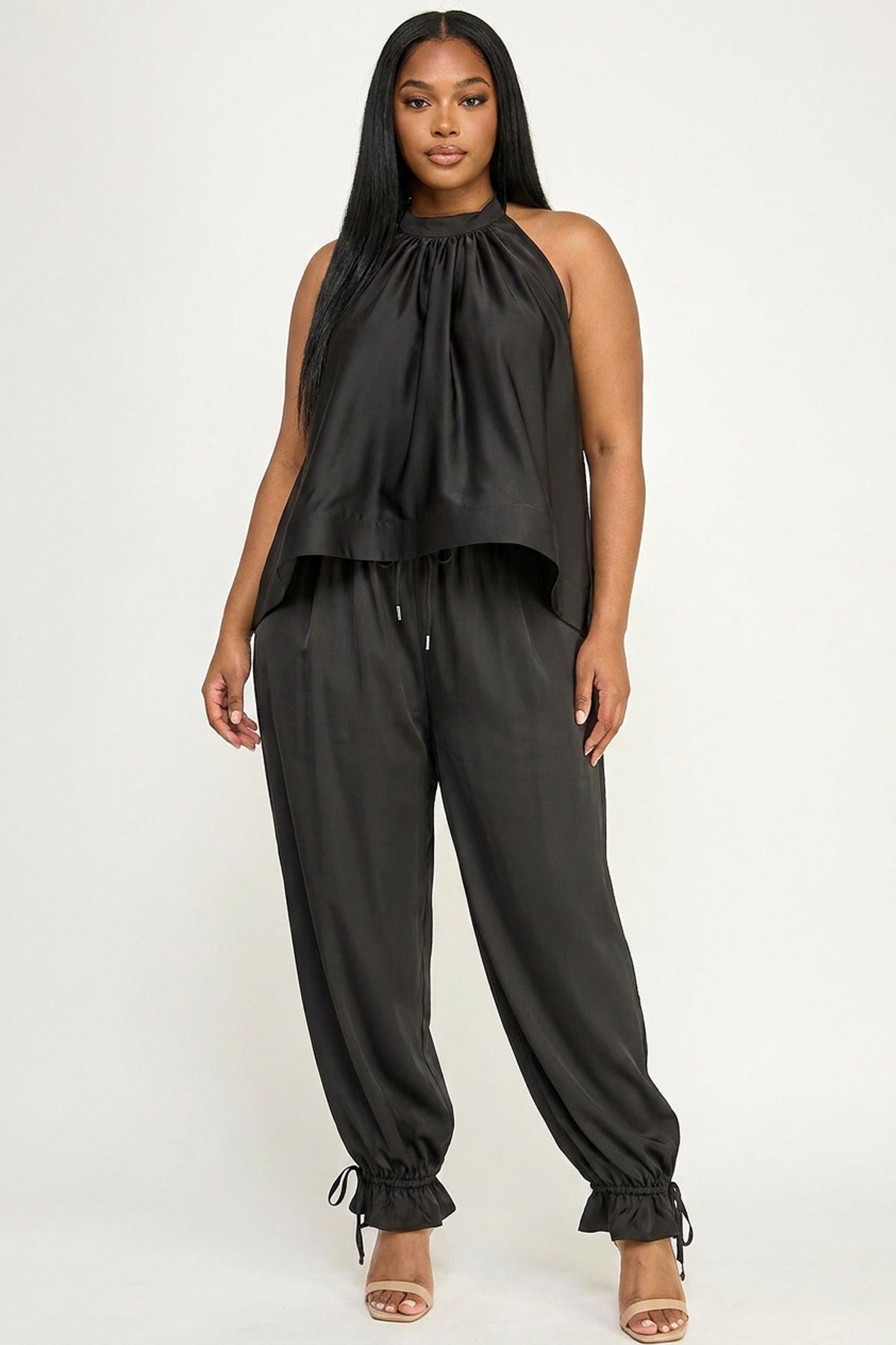 Satin Halter Neck Open Back Hi-Lo Sleeveless Flare Top & Drawstring Detail Pants Set