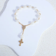 Olivenorma Braccialetto rosario con croce cristiana e fiore bianco