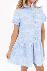 The Calypso Ruffle Button Up Dress - Blue Stripe