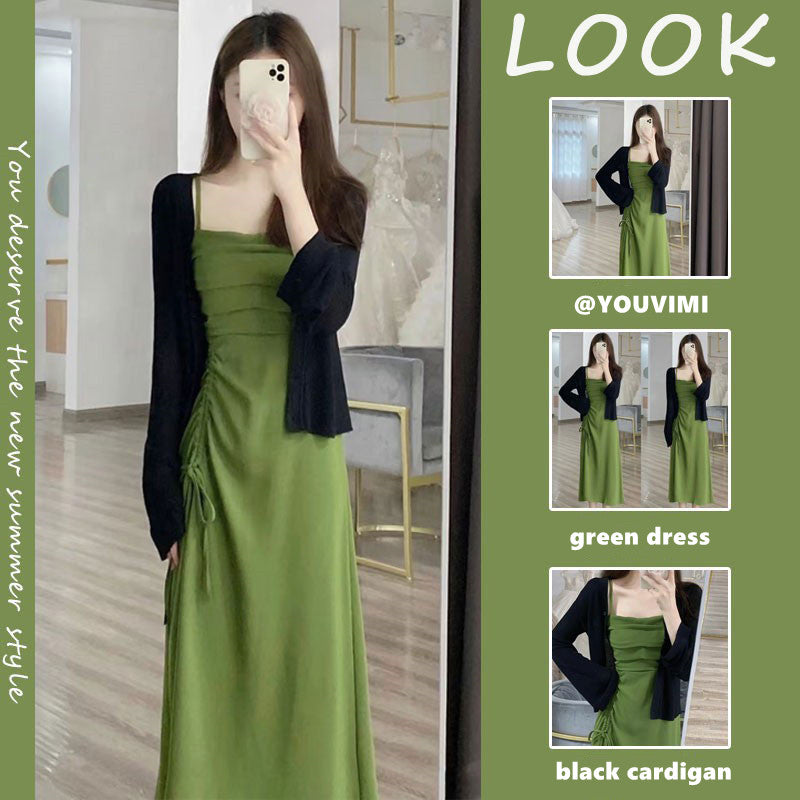 Green Dress + Black Cardigan Set yv31480