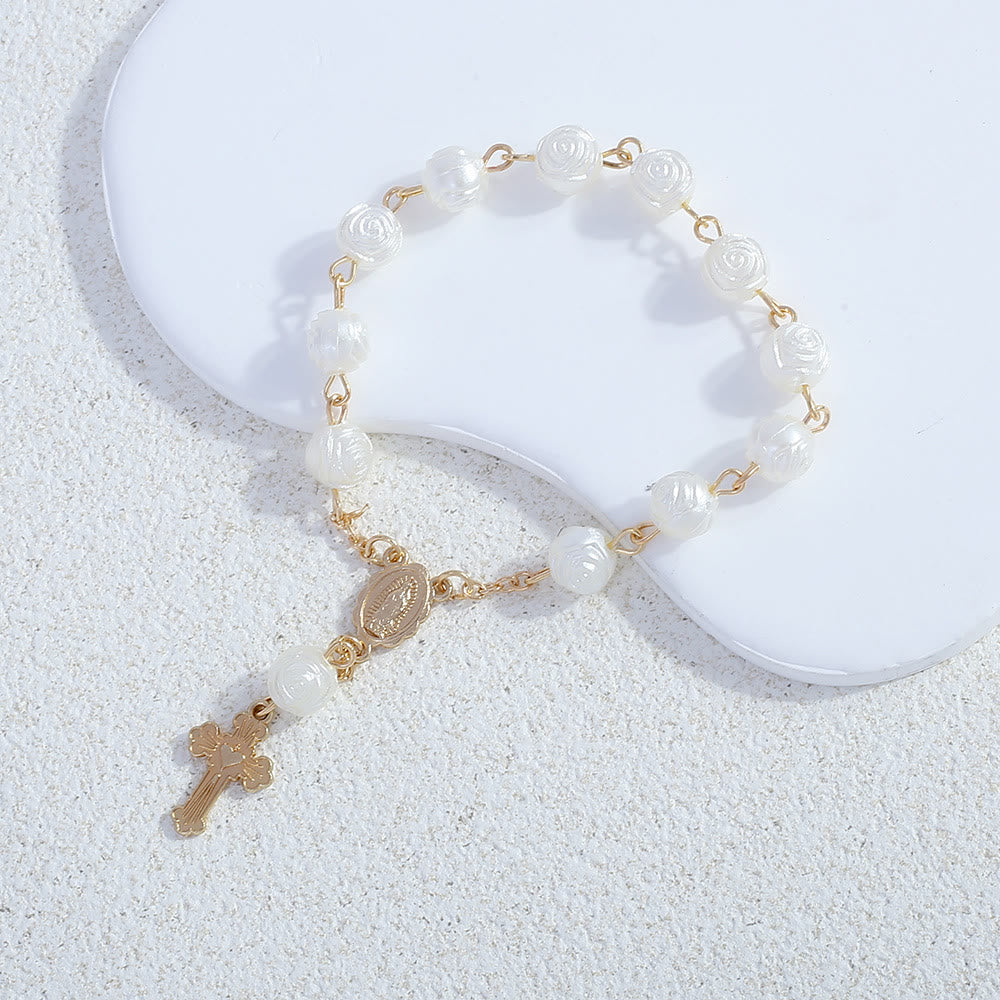 Olivenorma Braccialetto rosario con croce cristiana e fiore bianco