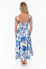 Chasing The Blues Midi Dress - Cream/Blue