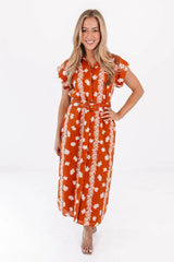 The Aubrey Belted Button Up Midi Dress - Burnt Orange