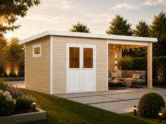 Linholm WPC Gartenhaus Linia 5628 mit Anbaudach und Rückwand, inkl. Dachrinnen-Set, Natur-Beige/Weiß