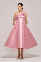 One Asymmetric Sleeve Detail Bright Pink Midi Dress