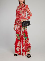 Red Floral Cascade Ruffle Blouse