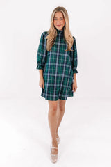 The Jordyn Long Sleeve Bow Dress - Green Plaid