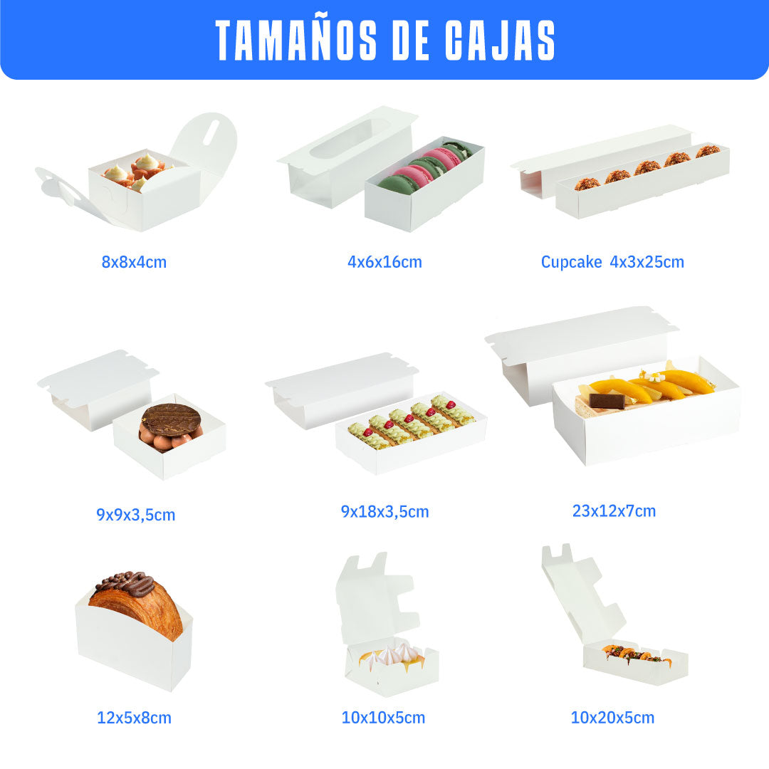 6 charolas con diferentes tamaños, cada una con producto dentro y sus medidas de bajo 