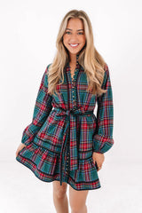 The Zanna Long Sleeve Tie Dress - Green Plaid