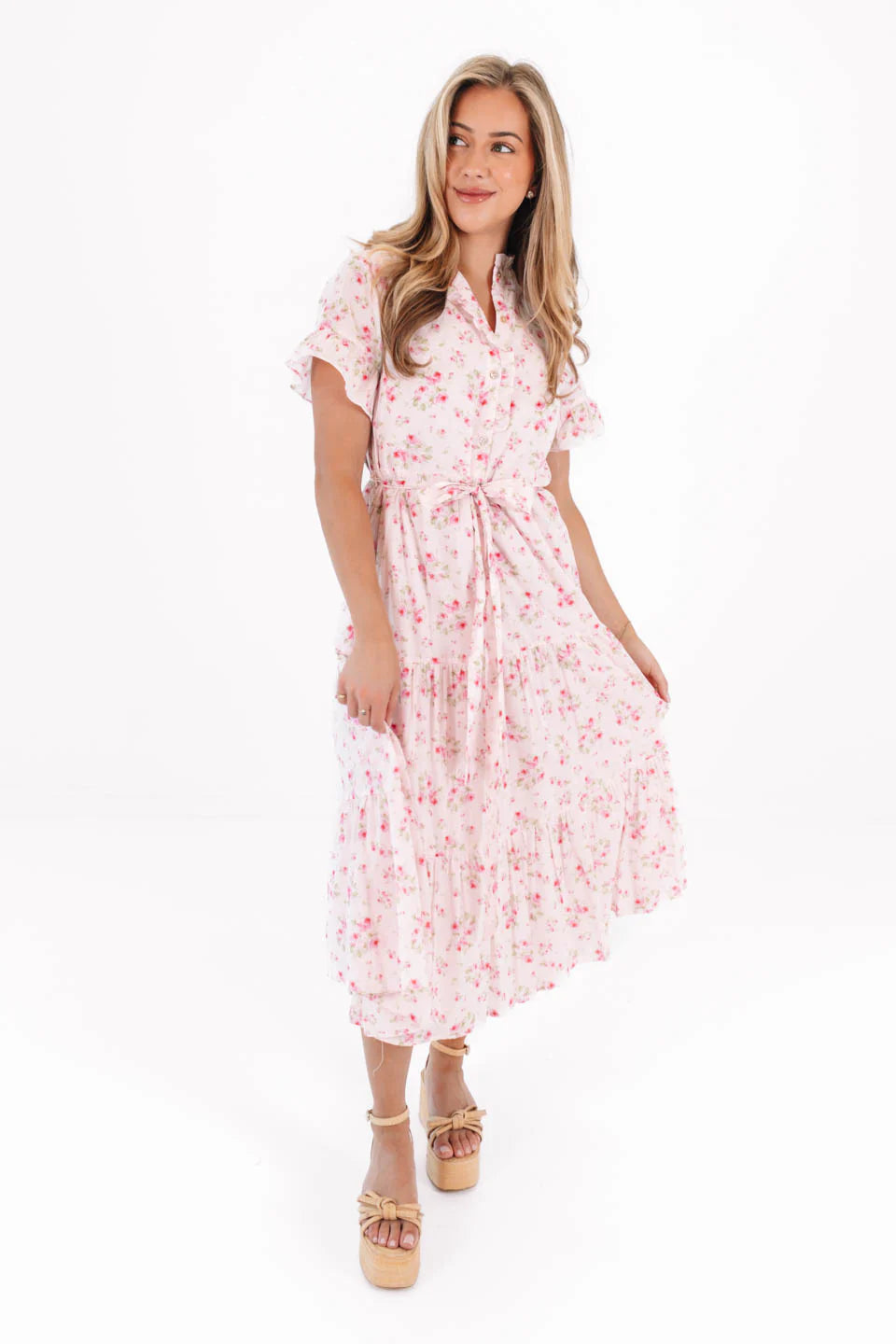 The Ellie Button Up Midi Dress - Pink