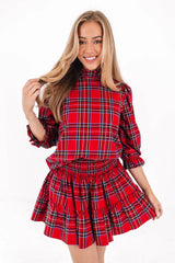 The Hollin Long Sleeve Bow Top - Red Plaid