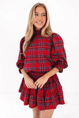 The Hollin Long Sleeve Bow Top - Red Plaid