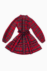 The Hollin Long Sleeve Tie Tween Dress - Red Plaid