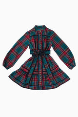 The Zanna Long Sleeve Tie Tween Dress - Green Plaid