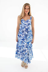 The Hayden Eyelet Midi Dress - White/Blue