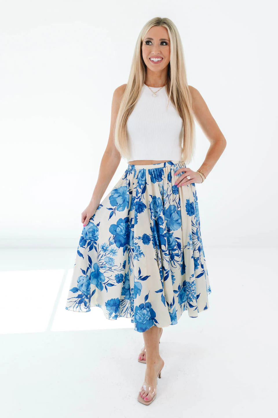 In The Spring Midi Skirt - Cream/Blue