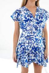 The Hayden Eyelet Wrap Romper - White/Blue