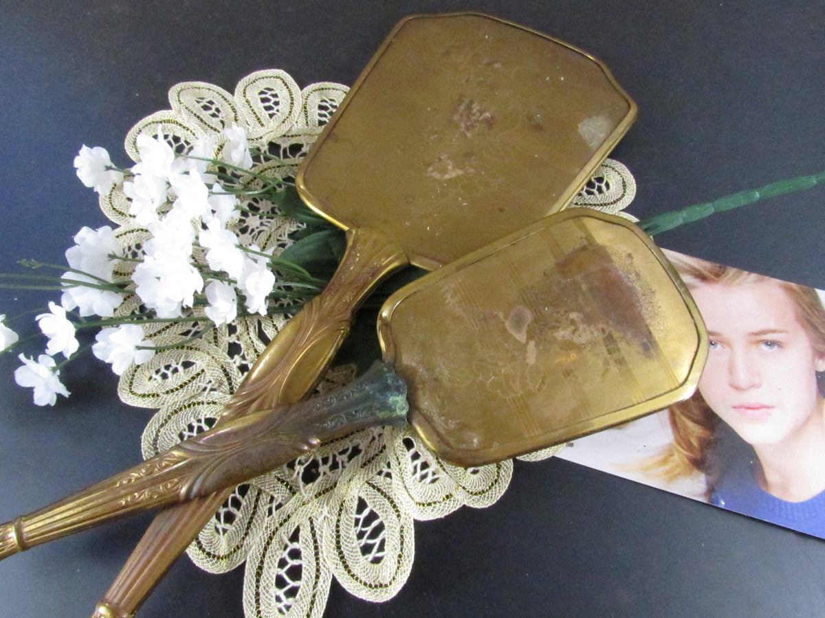 Vintage Brass Mirror Hairbrush Set Mid Century Style Vanity Set Beauty Accessories Vintage Patina/Condition Shabby Chic Home Decor Prop