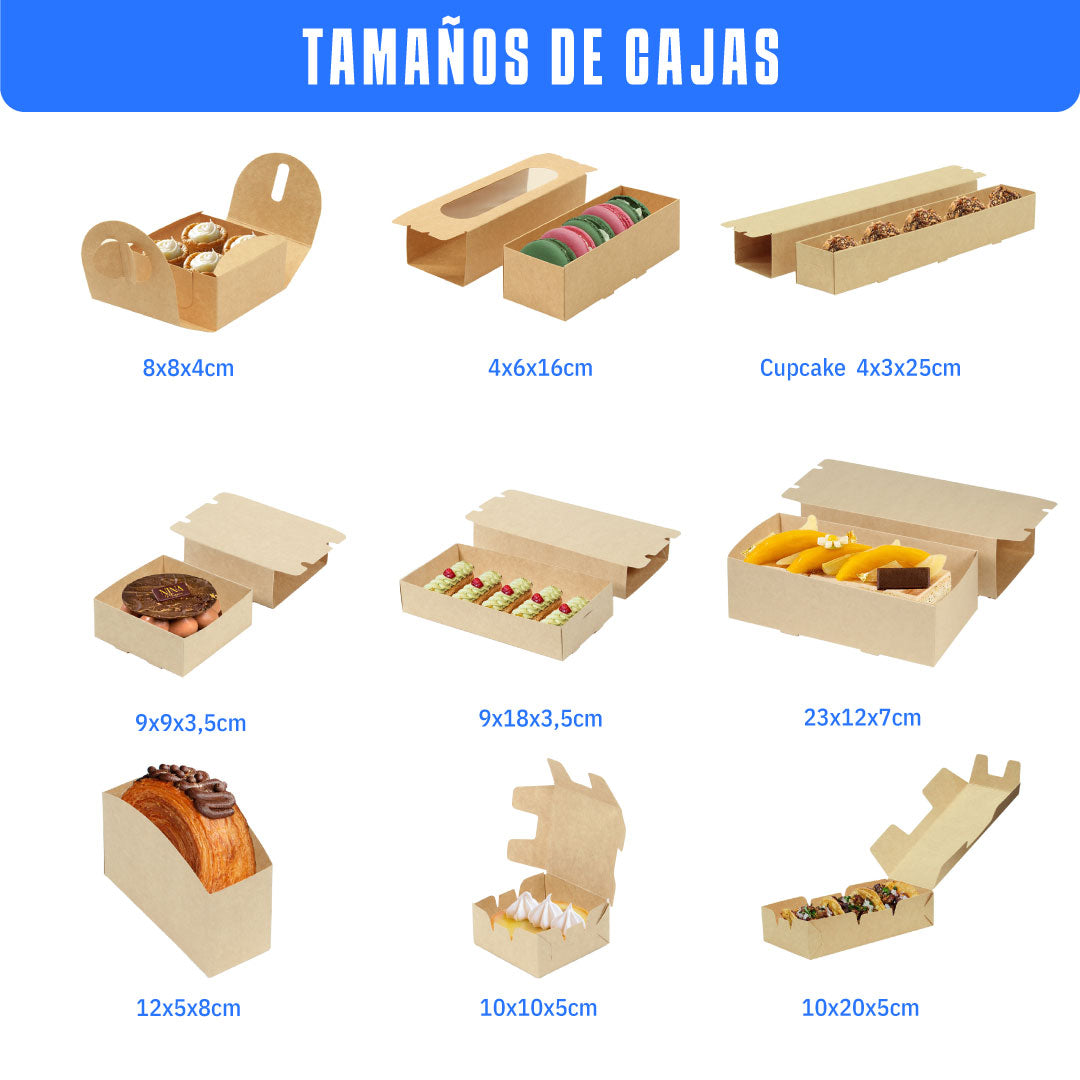 6 charolas con diferentes tamaños, cada una con producto dentro y sus medidas de bajo 