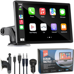 Théo - Écran Tactile Voiture 7" – CarPlay & Android Auto | Bluetooth, Wi-Fi, Siri, Mirror Link | Contient 1 Support, 1 Câble USB C, 1 Câble Aux, 1 Prise Allume Cigare